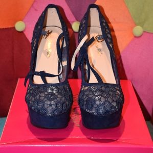 Dream Pairs Navy Blue Lace T-Strap Wedge  Heels